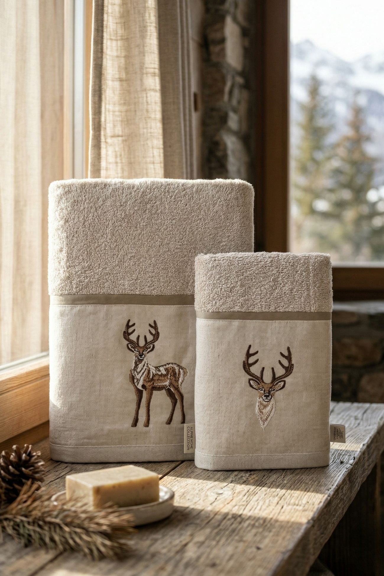 Oscar Coppia Spugna Ricamata Cervi Beige