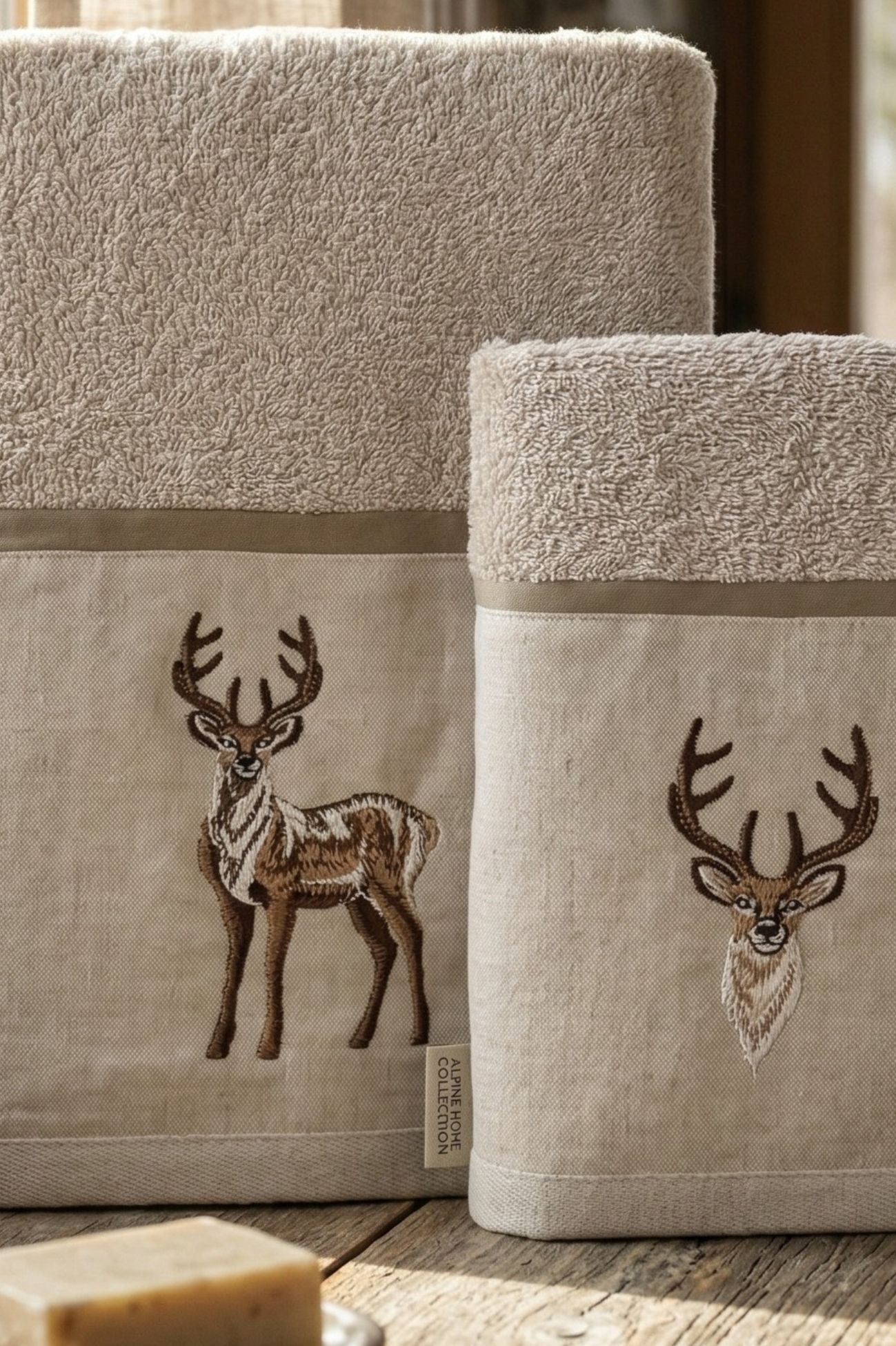 Oscar Coppia Spugna Ricamata Cervi Beige