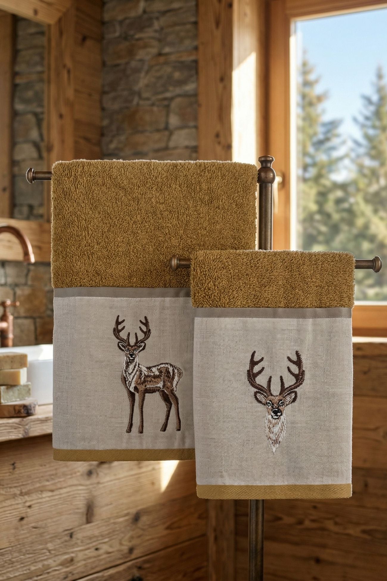 Oscar Coppia Spugna Ricamata Cervi Miele