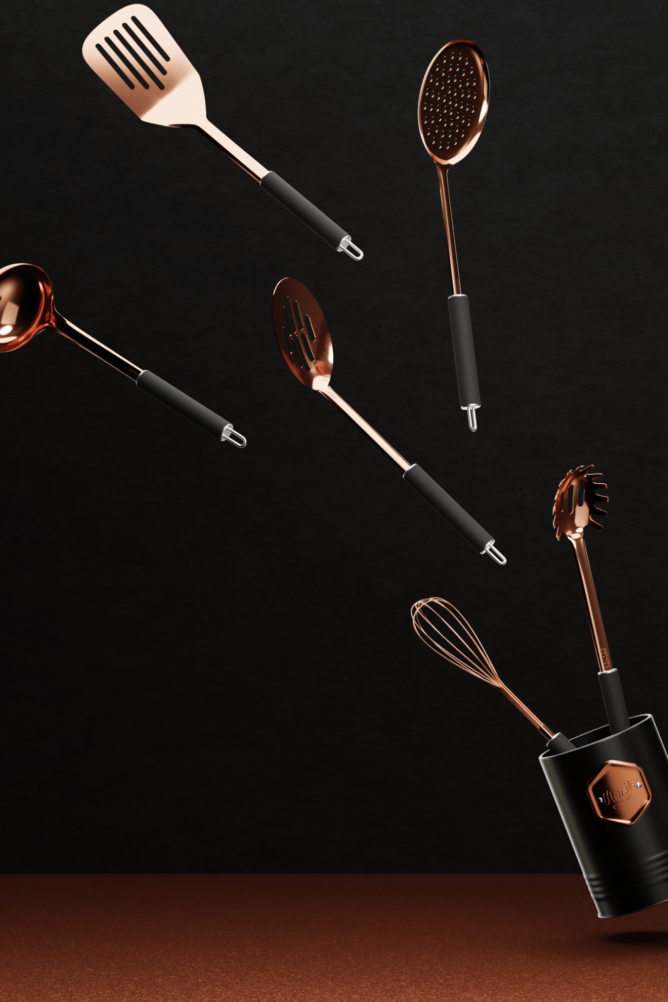 Antiope Design Nancy Set di utensili da cucina ramati con manico e occhiello con barattolo porta utensili