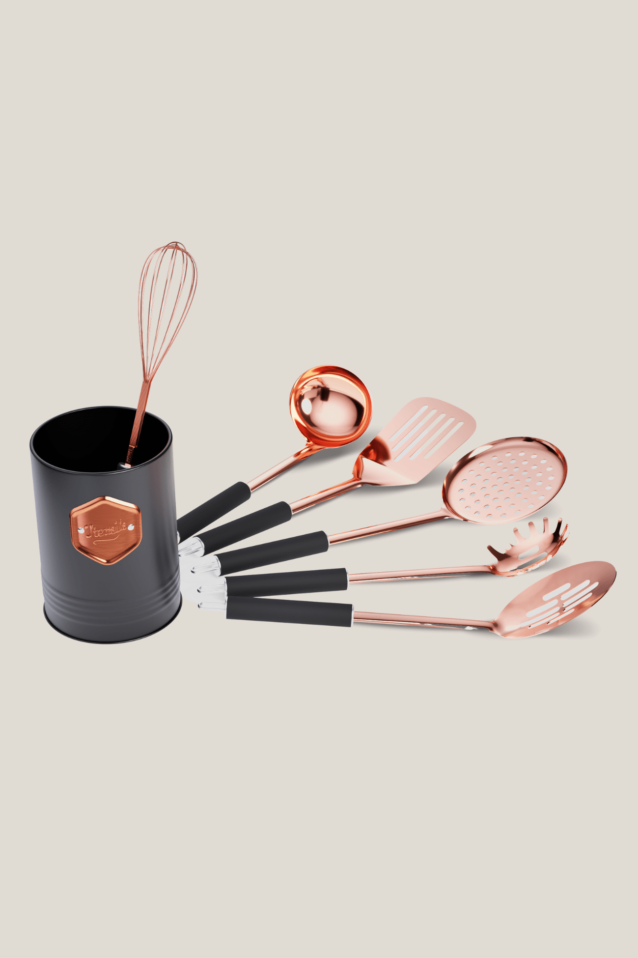 Antiope Design Nancy Set di utensili da cucina ramati con manico e occhiello con barattolo porta utensili Set Utensili + Barattolo
