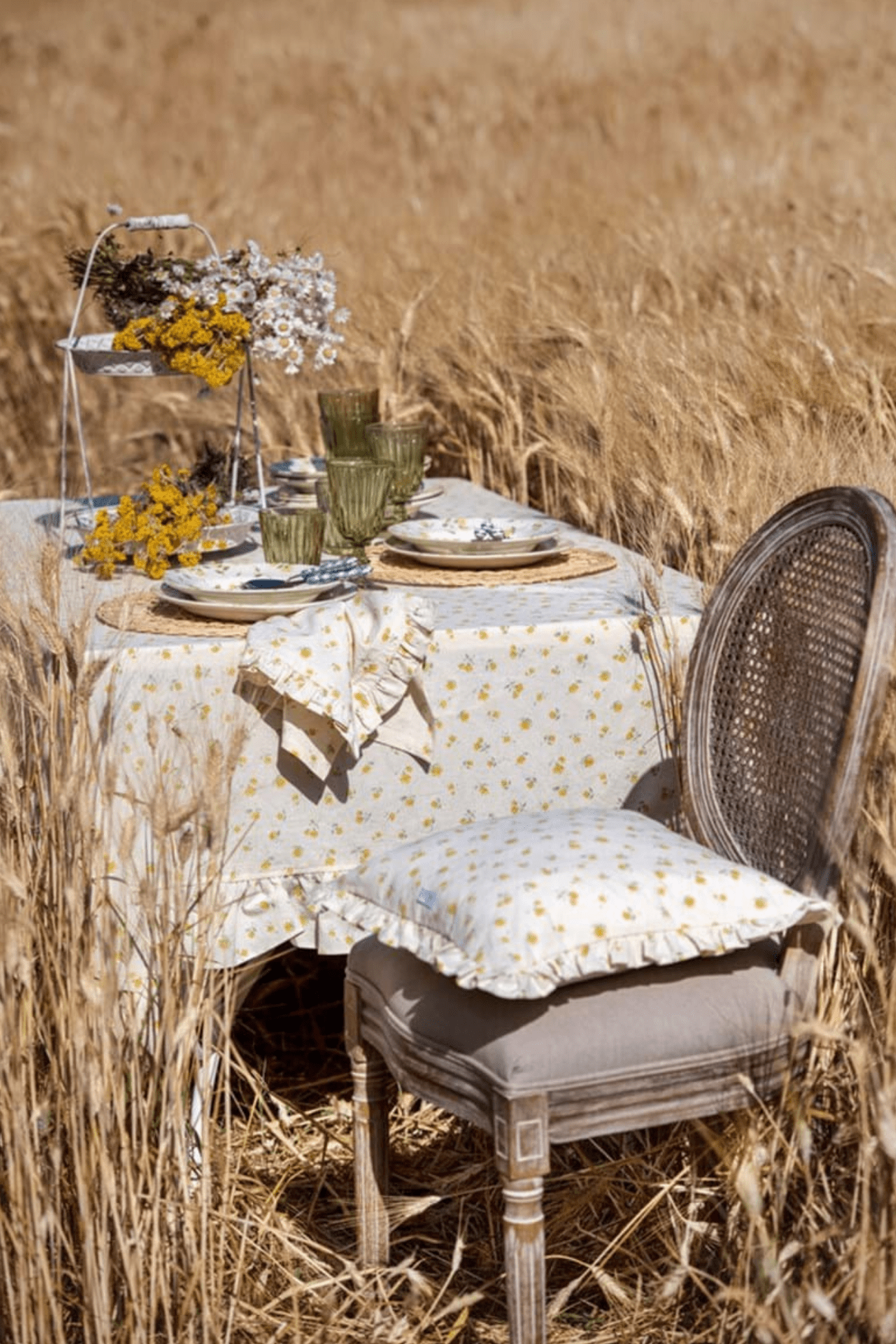 Blanc MariClo' Floret Full Floret Full - Tovaglia floreale in cotone ocra con gala - 2 dimensioni