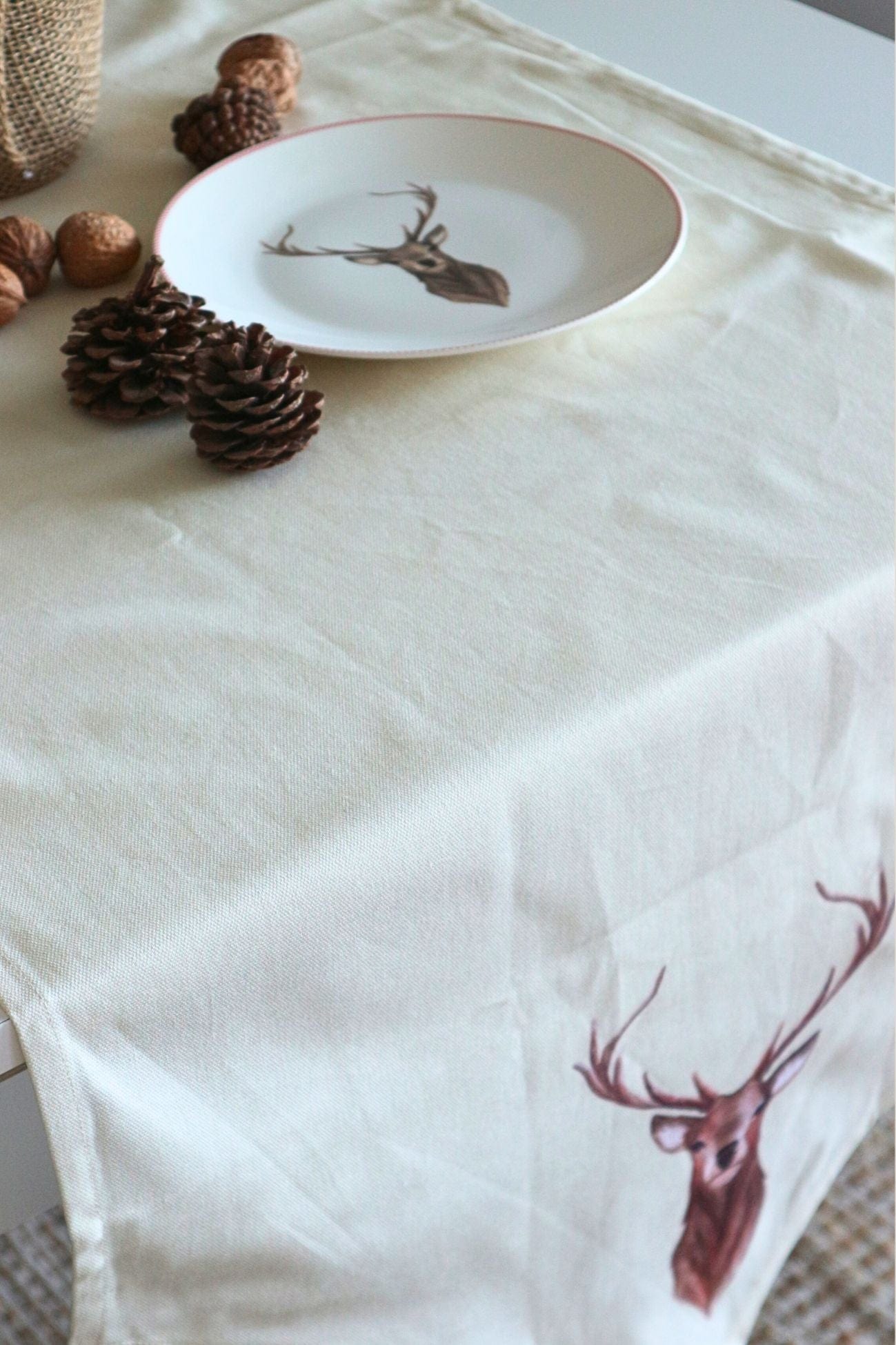 Clayre & Eef Ren Ren - Runner beige in cotone con renna 160x50cm | Clayre & Eef