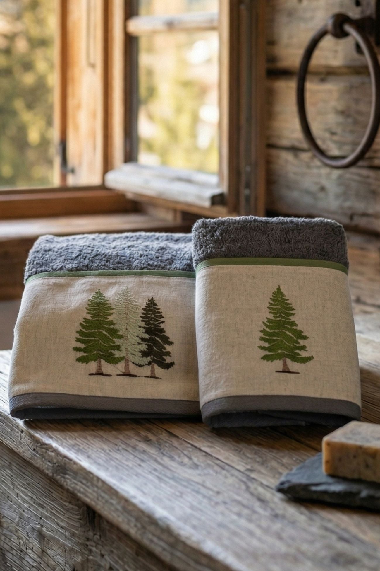 Abetaia Coppia Spugna Ricamata Abeti Grigio