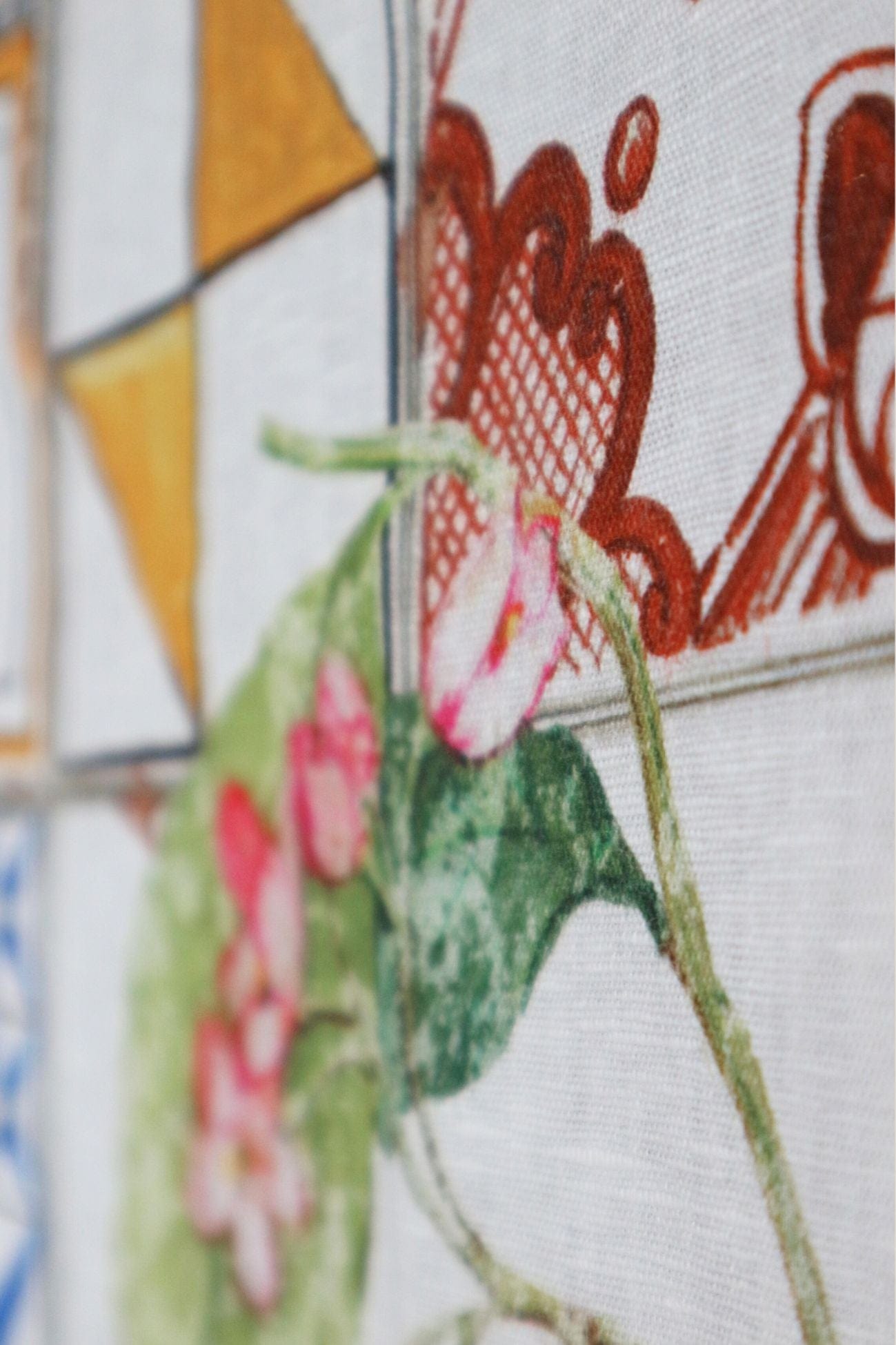 Tessitura Toscana Telerie Azulejos Azulejos - Canovaccio in puro lino con arance e maioliche | Tessitura Toscana Telerie