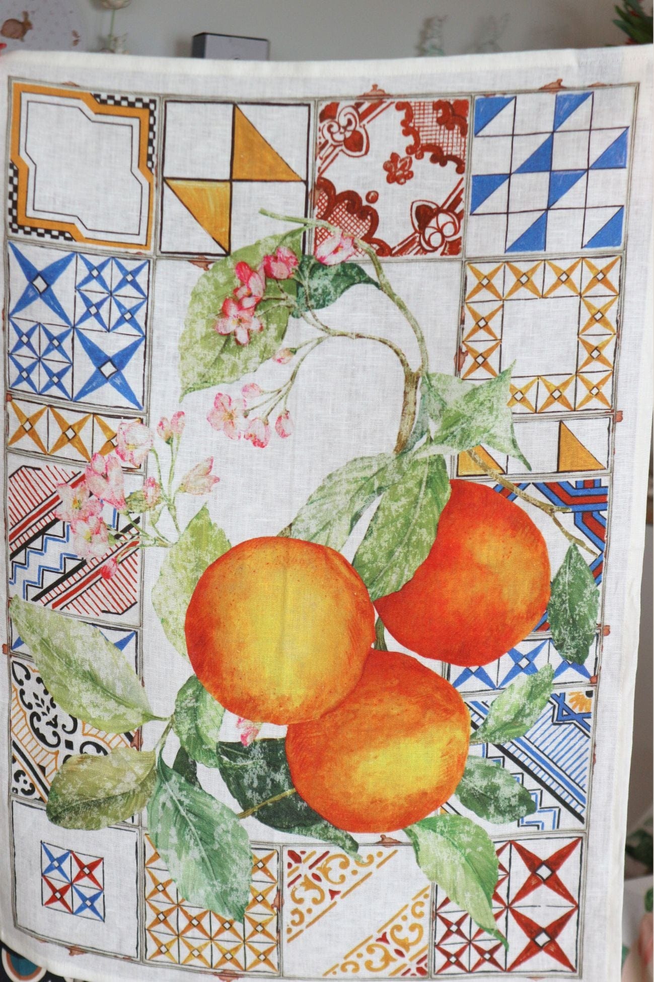 Tessitura Toscana Telerie Azulejos Azulejos - Canovaccio in puro lino con arance e maioliche | Tessitura Toscana Telerie