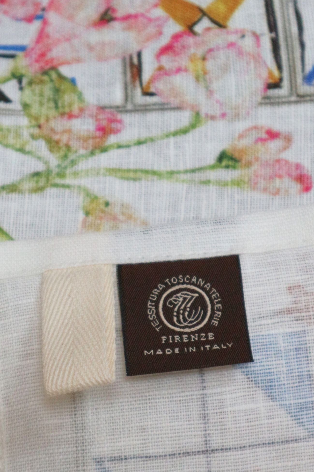 Tessitura Toscana Telerie Azulejos Azulejos - Canovaccio in puro lino con arance e maioliche | Tessitura Toscana Telerie