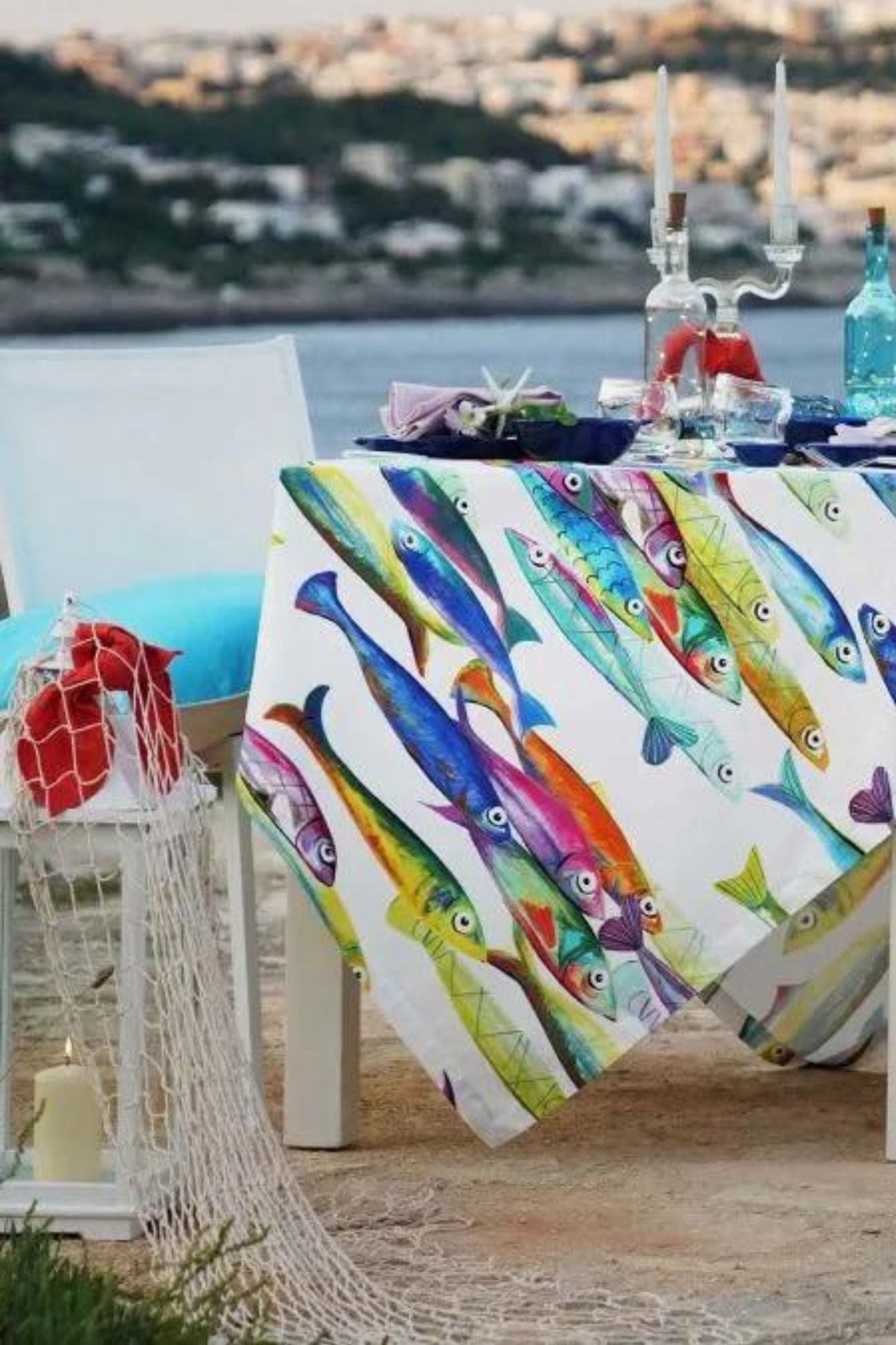 Tessitura Toscana Telerie Poisson Bleu Poisson Bleu - Tovaglia in cotone con orlo semplice varie misure | Tessitura Toscana Telerie