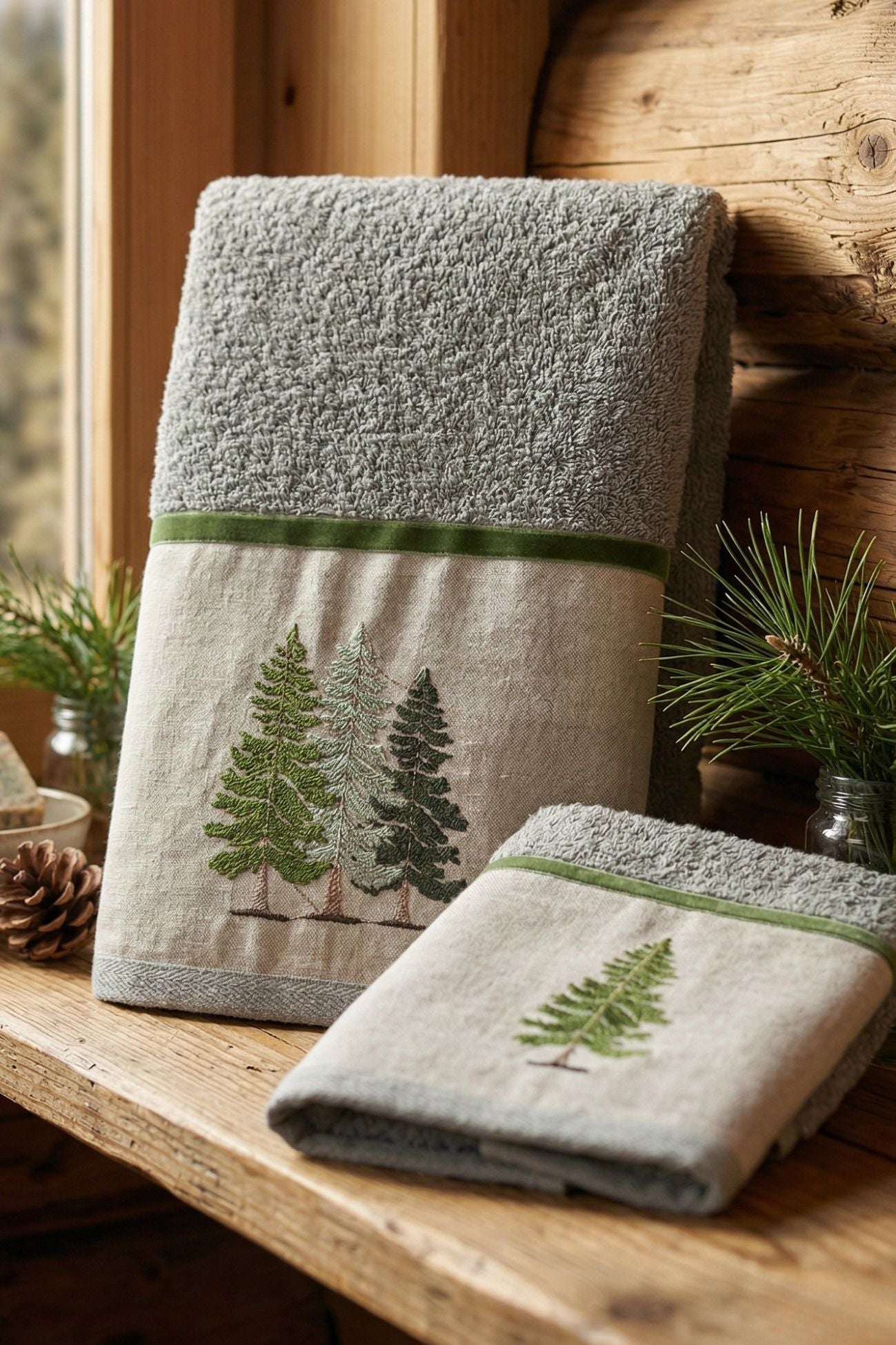 Abetaia Coppia Spugna Ricamata Abeti Verde