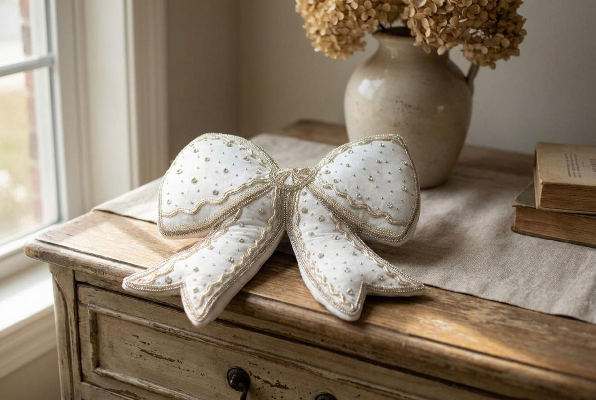 Noel Elegance Cuscino Fiocco Bianco - Orizzontale