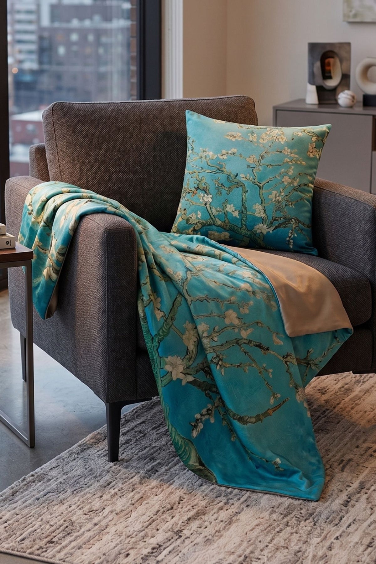 Floral Gogh Federa Cuscino Con Plaid Interno