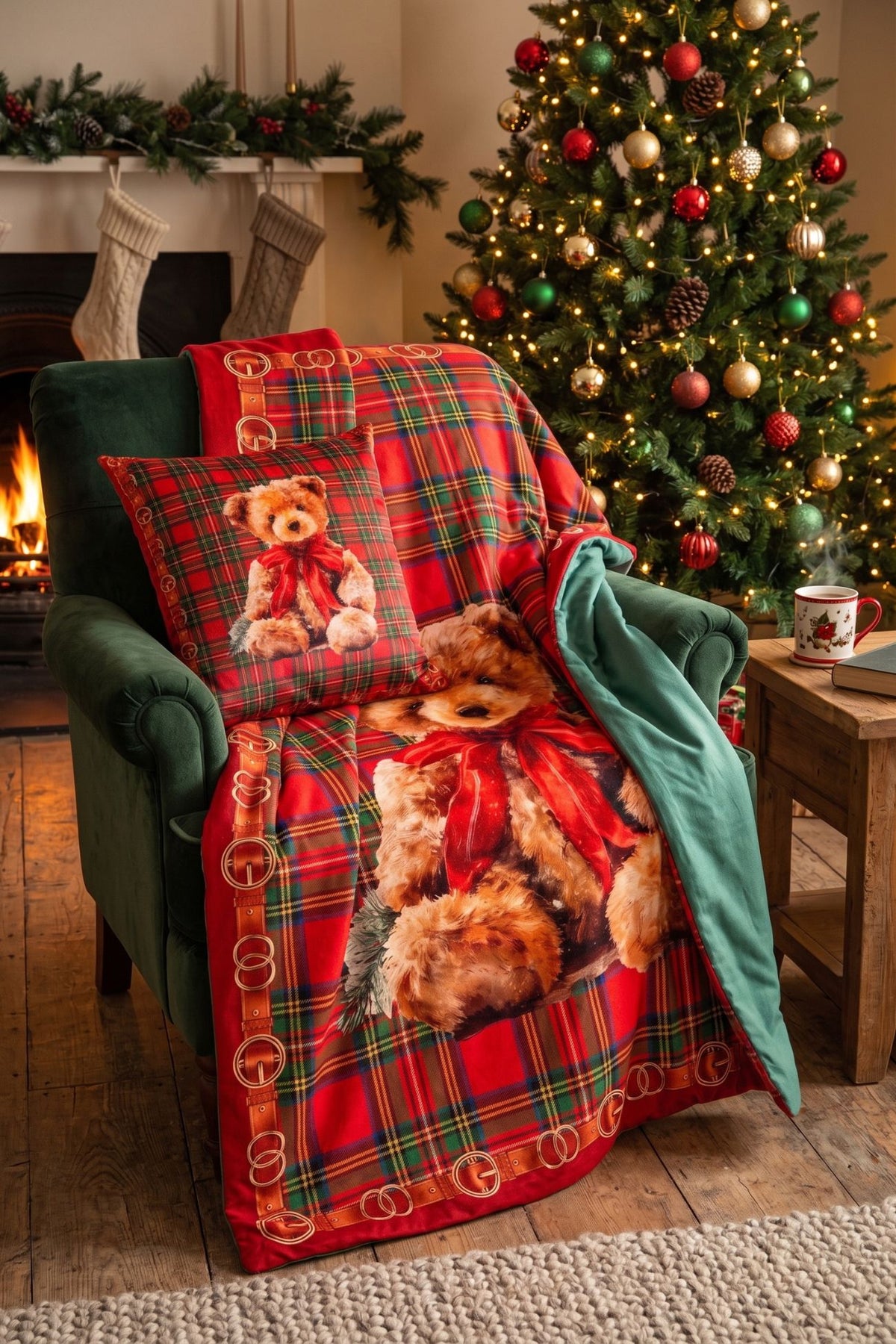 Christmas Teddy Federa Cuscino Con Plaid Interno