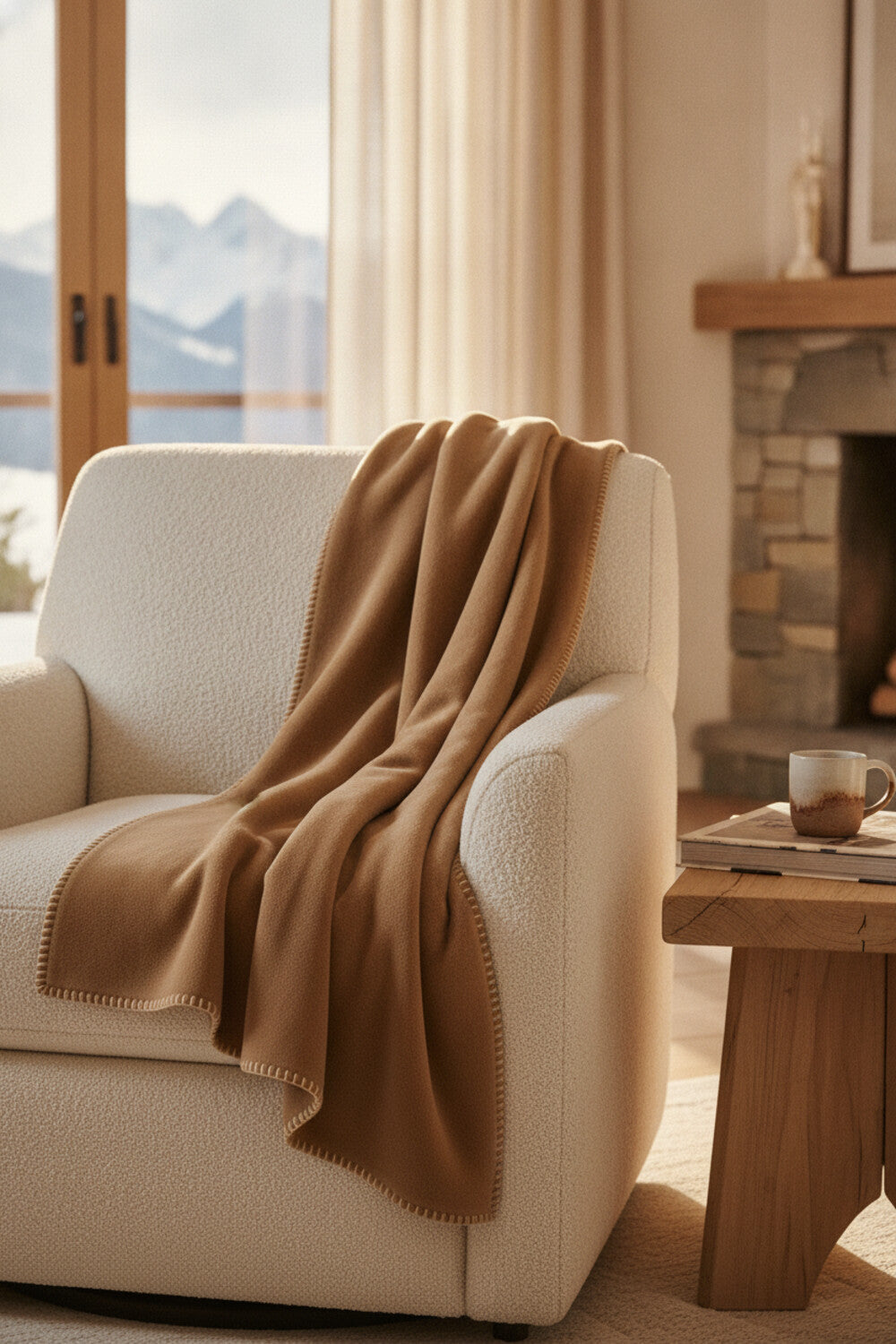Cervinia Plaid Cammello - plaid in pile con punto cavallo, ambientazione alpine luxury