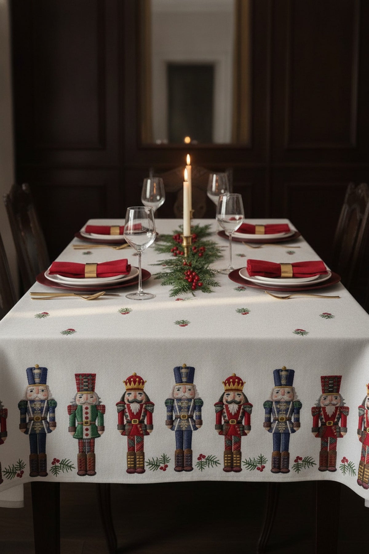 Regent tovaglia antimacchia in un allestimento natalizio elegante con schiaccianoci stampati