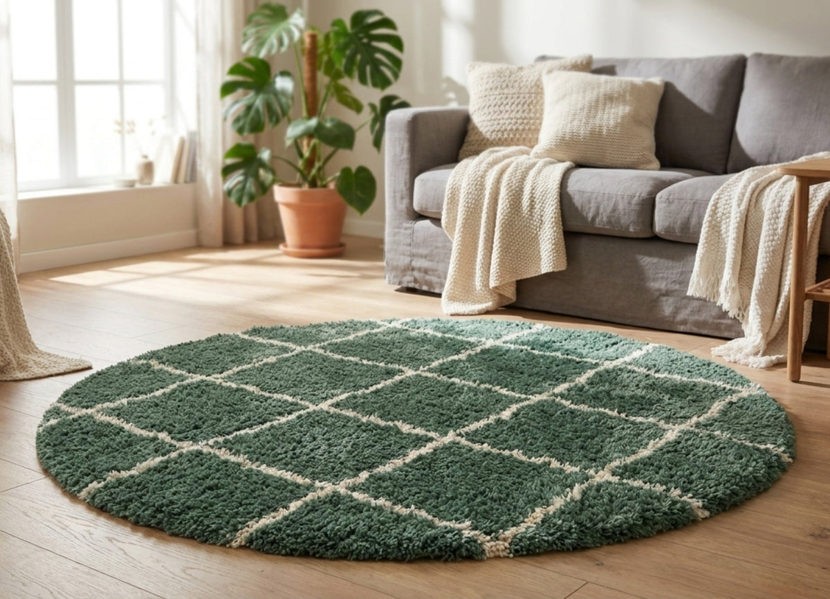 Jeffie Tappeto Tondo Verde con rombi bianchi