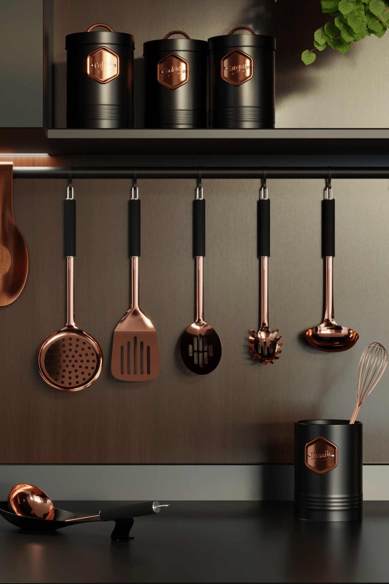 Antiope Design Nancy Set di utensili da cucina ramati con manico e occhiello con barattolo porta utensili