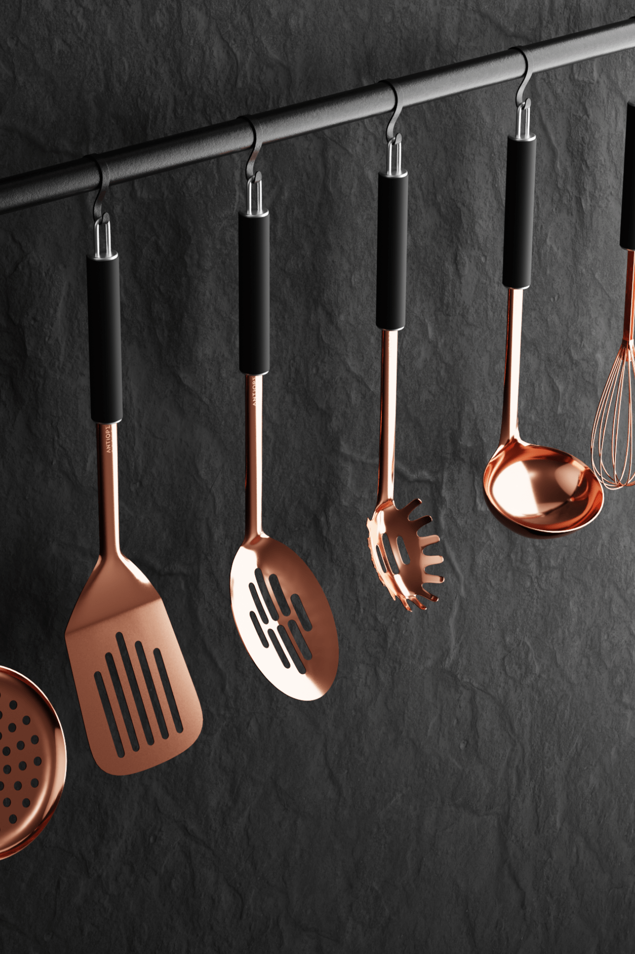Antiope Design Nancy Set di utensili da cucina ramati con manico e occhiello con barattolo porta utensili Set Utensili