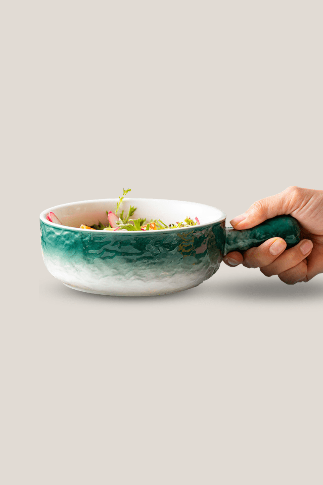 Antiope Design Smeraldo Ciotola in porcellana verde e bianca con rilievi e manico