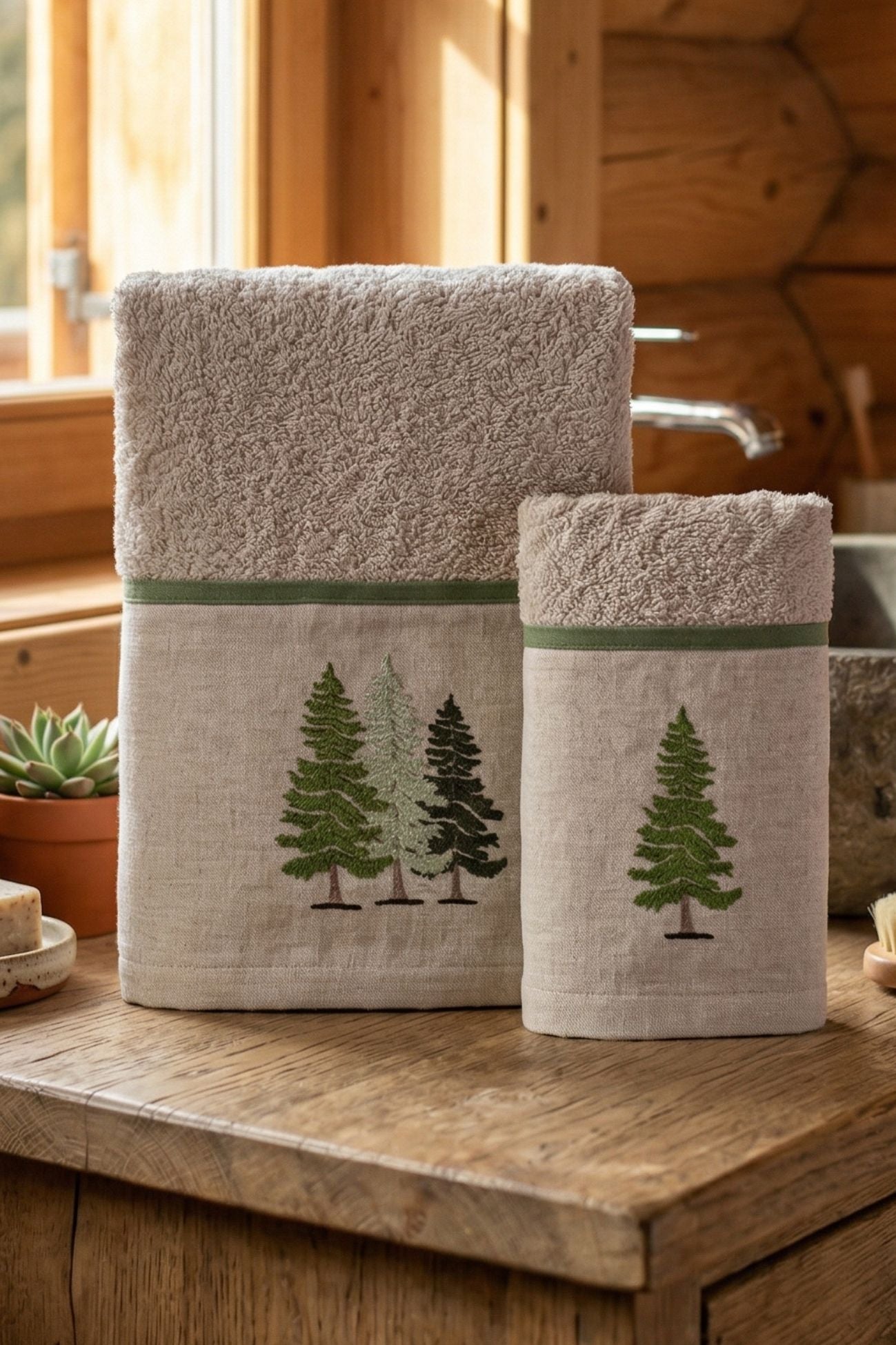 Abetaia Coppia Spugna Ricamata Abeti Beige