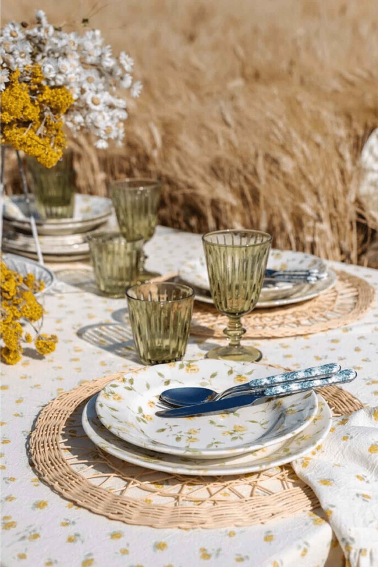 Blanc MariClo' Floret Full Floret Full - Tovaglia floreale in cotone ocra con gala - 2 dimensioni