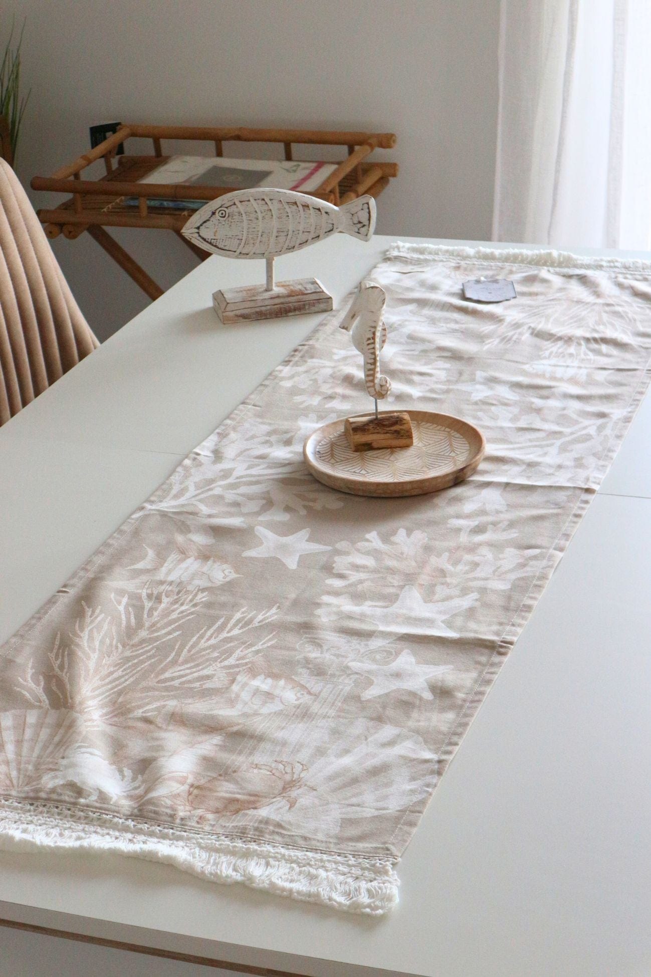 Blanc MariClo' La Mer Onirique La Mer Onirique - Runner in cotone con motivi marini e frange | Blanc MariClo'