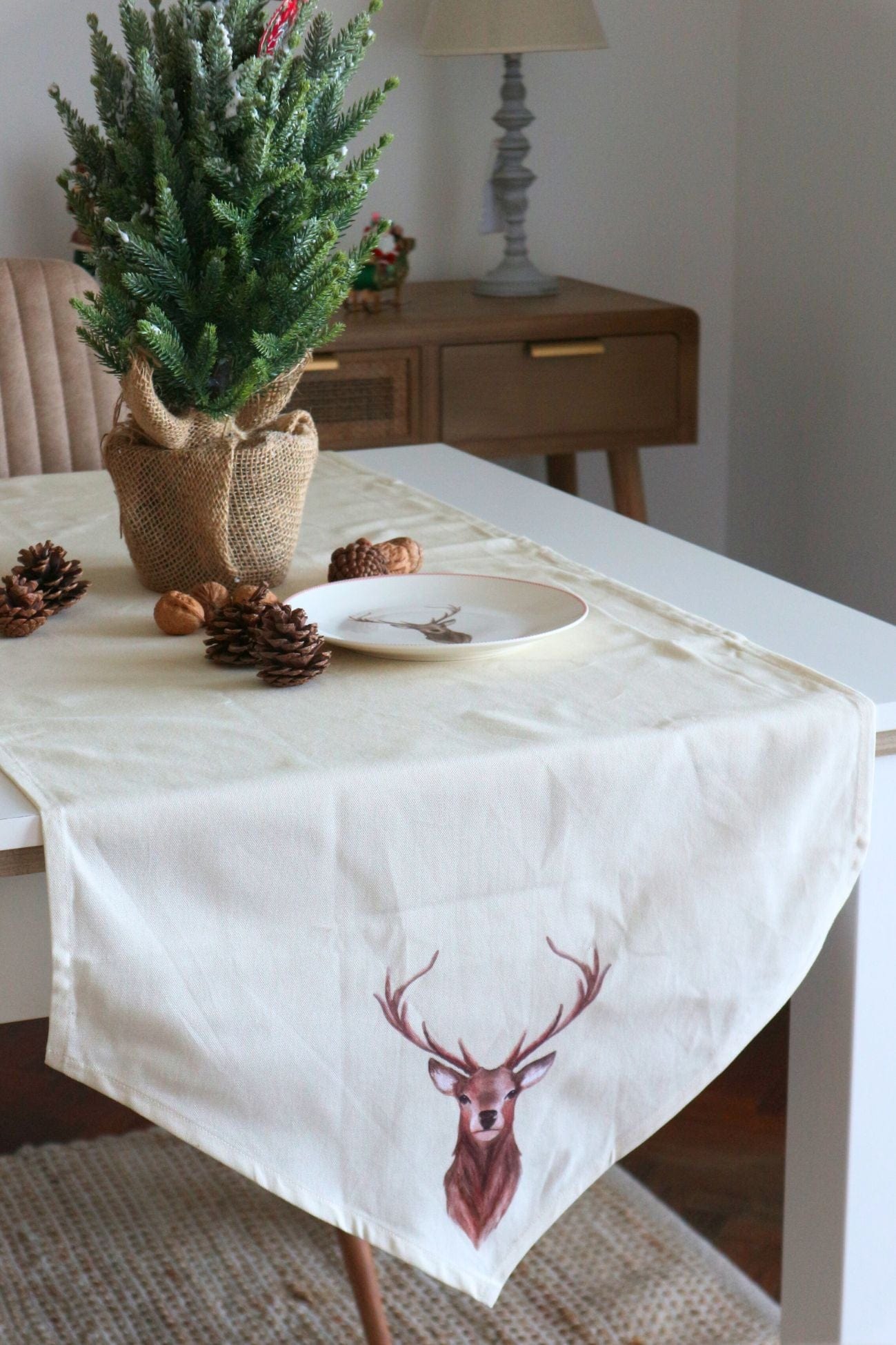 Clayre & Eef Ren Ren - Runner beige in cotone con renna 160x50cm | Clayre & Eef