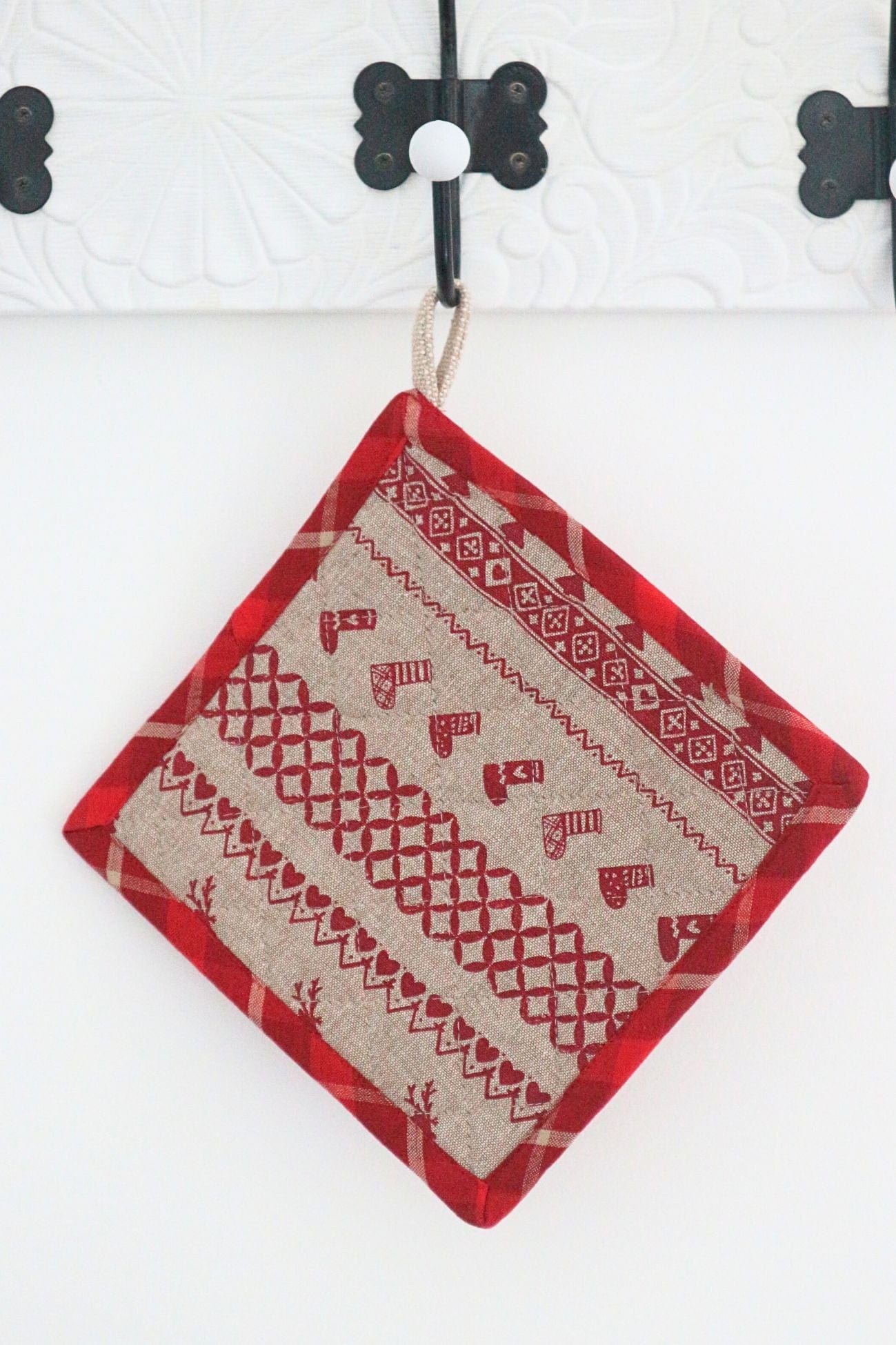 Clayre & Eef Sob Sob - Presina natalizia in cotone rosso e beige | Clayre & Eef