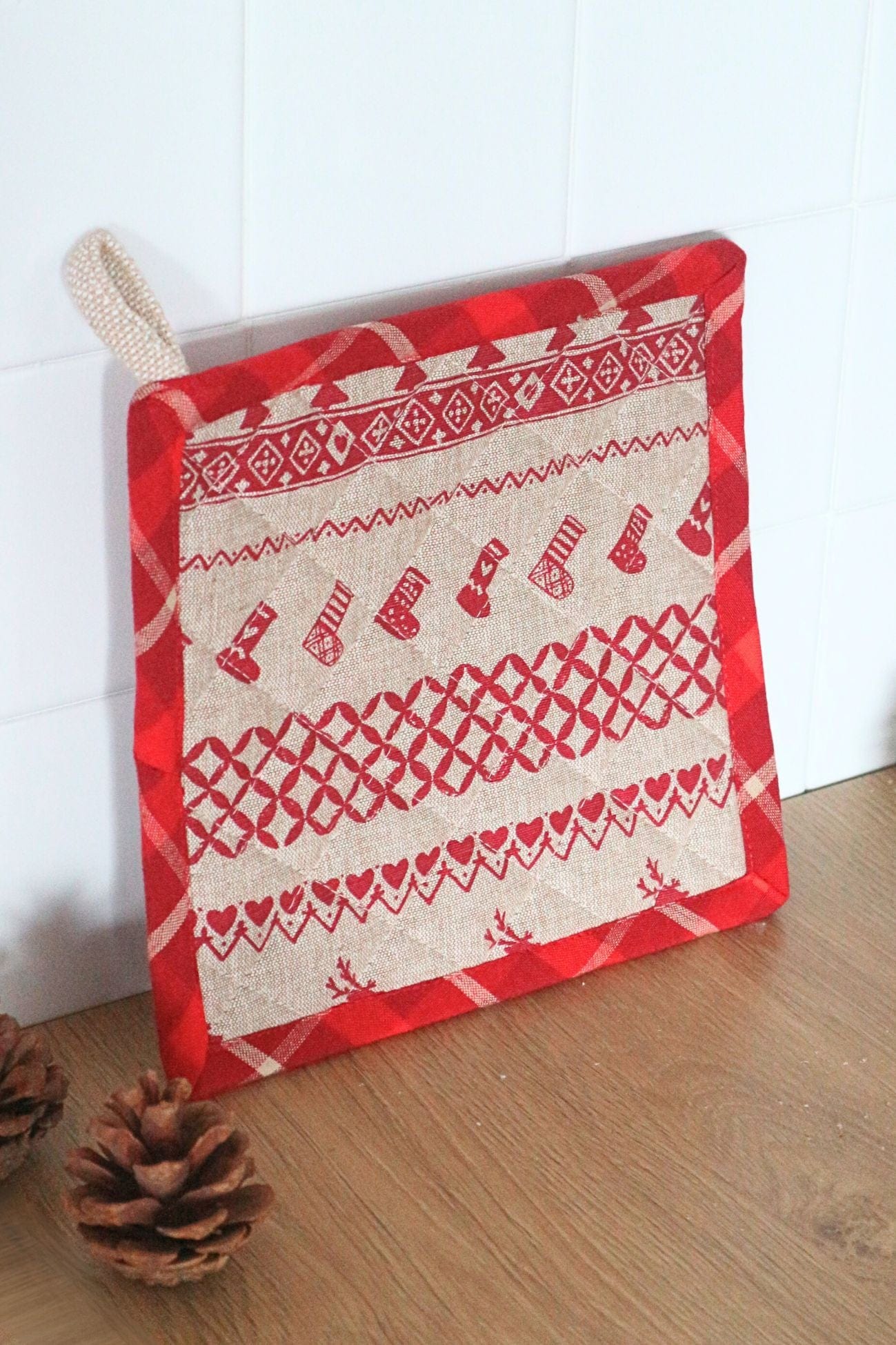 Clayre & Eef Sob Sob - Presina natalizia in cotone rosso e beige | Clayre & Eef