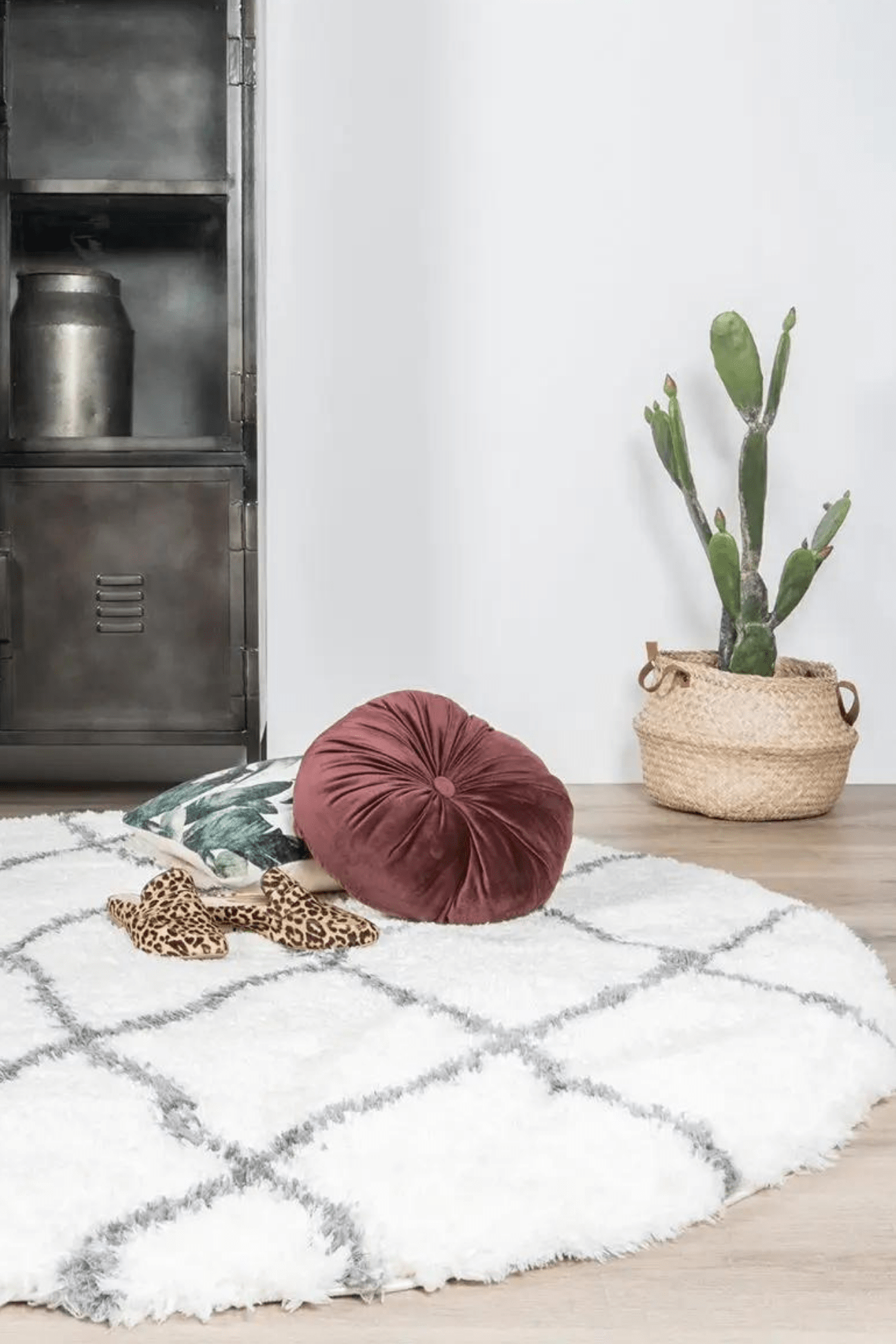 Home67 Jeffie Tappeto a pelo lungo in cotone bianco in stile berbero 120cm