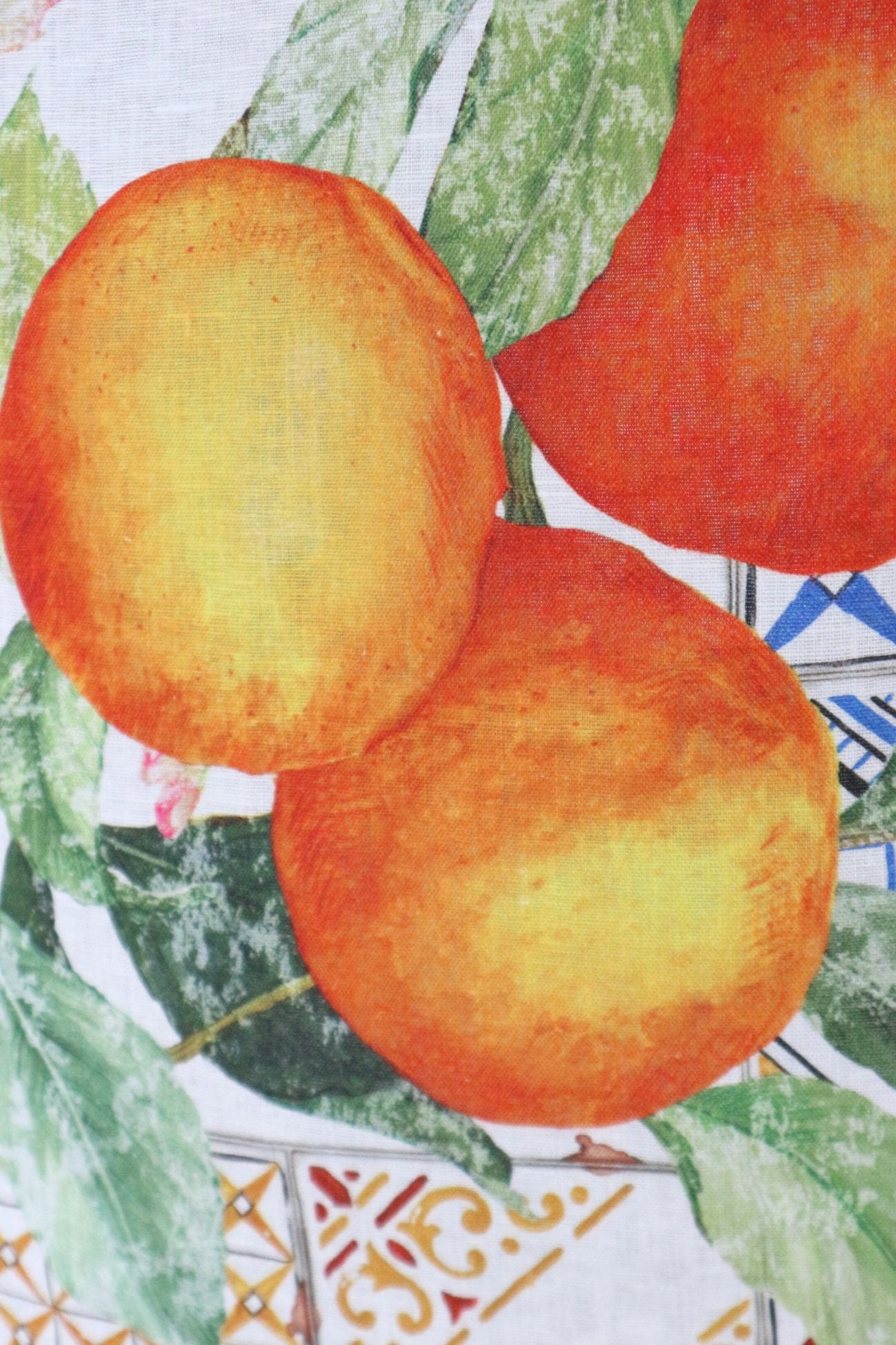 Tessitura Toscana Telerie Azulejos Azulejos - Canovaccio in puro lino con arance e maioliche | Tessitura Toscana Telerie