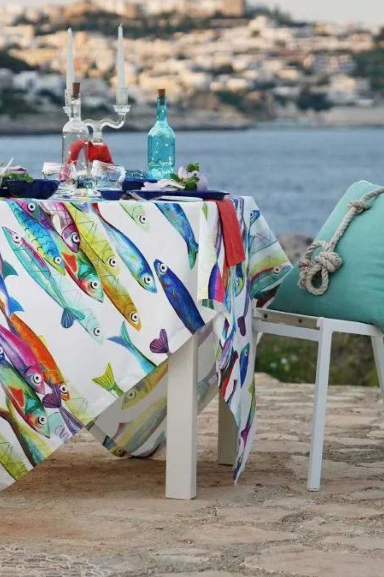 Tessitura Toscana Telerie Poisson Bleu Poisson Bleu - Tovaglia in cotone con orlo semplice varie misure | Tessitura Toscana Telerie