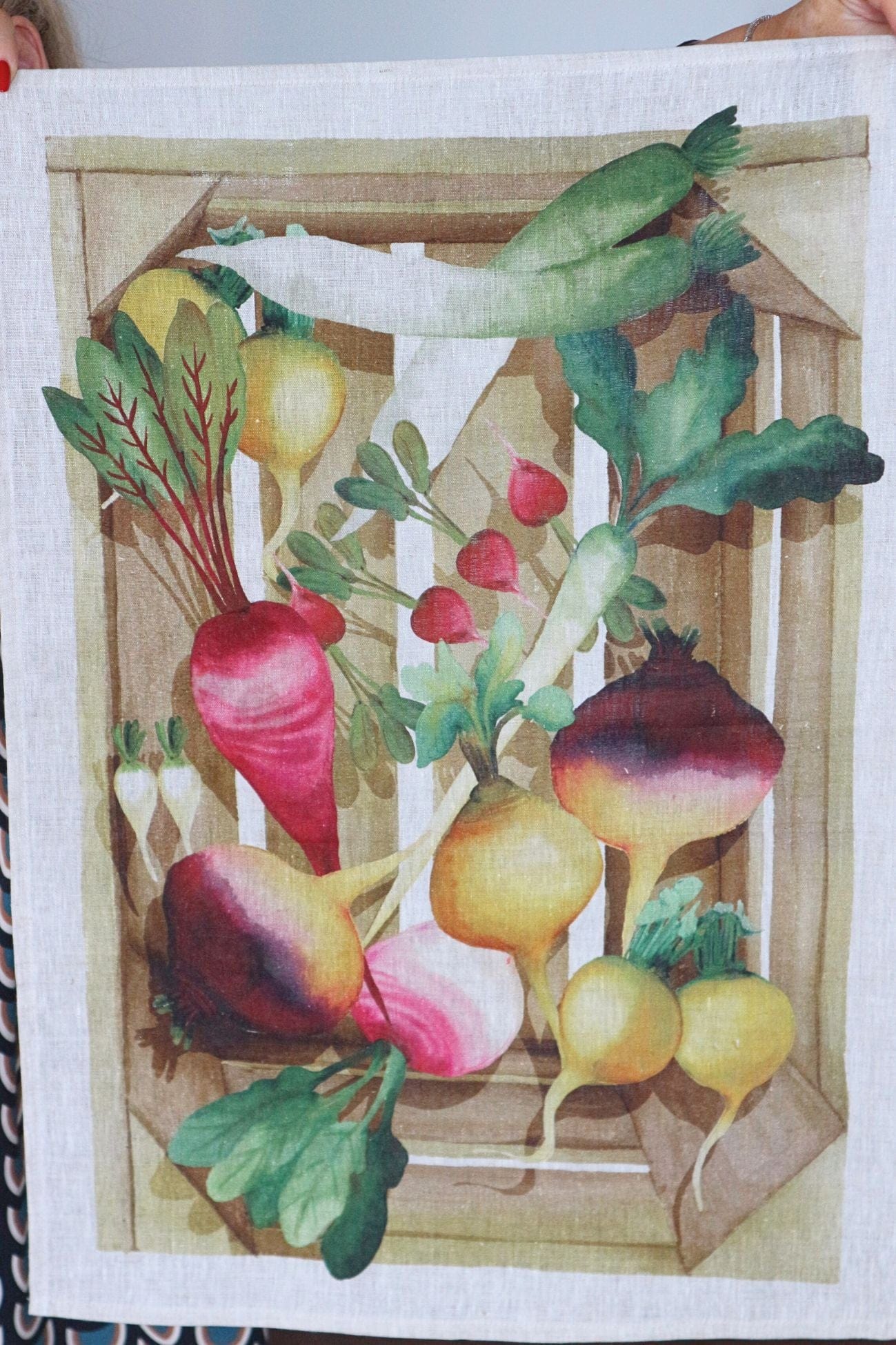 Tessitura Toscana Telerie Potager Potager - Canovaccio in puro lino con ravanelli in cassetta | Tessitura Toscana Telerie