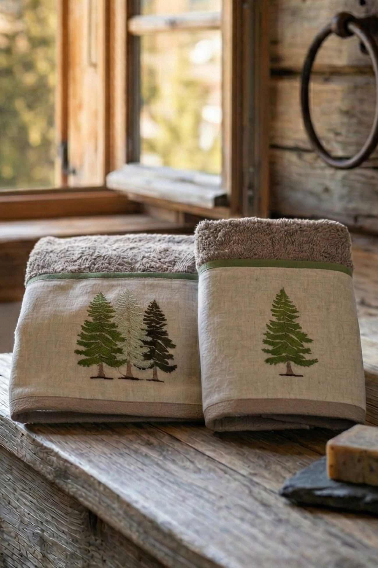 Abetaia Coppia Spugna Ricamata Abeti Tortora